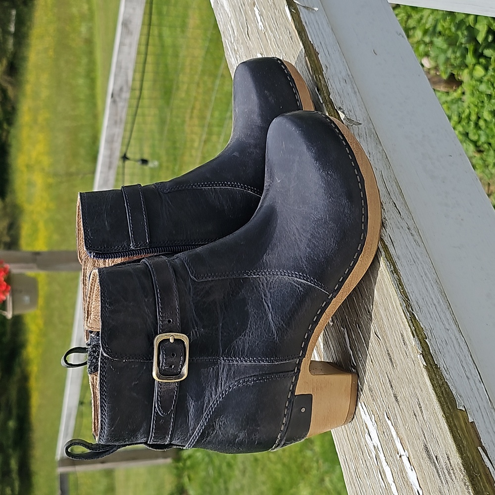 Dansko Black Leather Clog Ankle Boots with Wood Heel